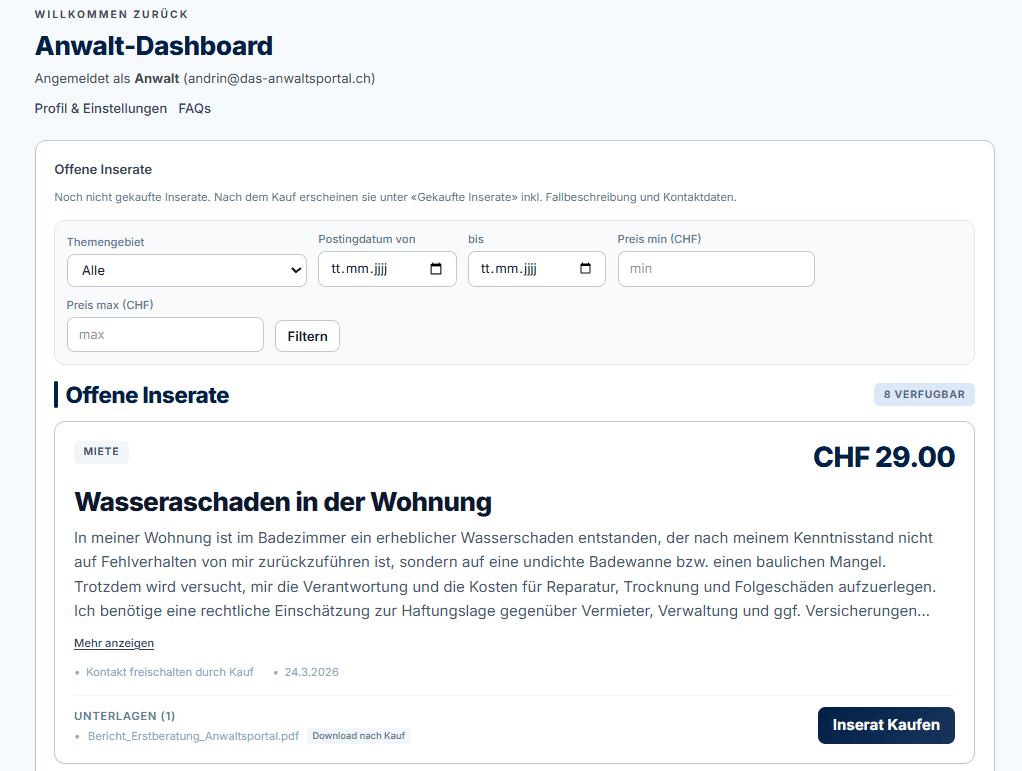 Beispiel: So sehen Anwältinnen und Anwälte ein Inserat nach dem Kauf und können es freischalten