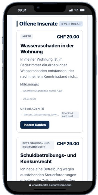 Beispiel: So sehen Anwältinnen und Anwälte ein Inserat nach dem Kauf und können es freischalten